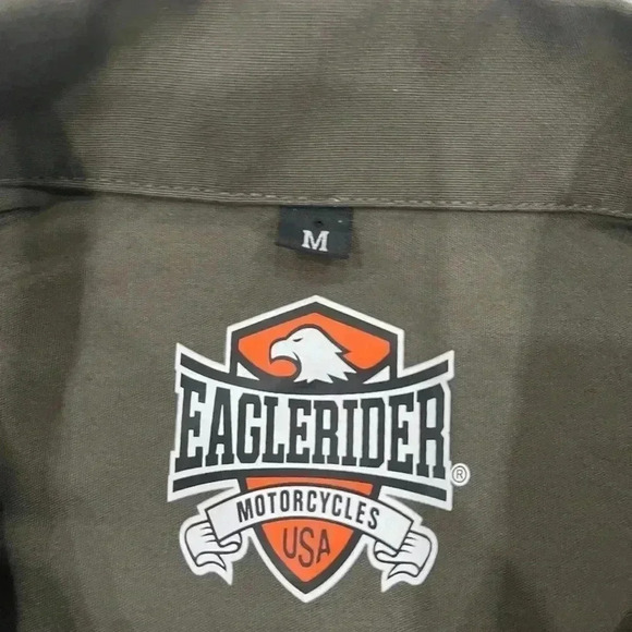 [M]Eaglerider Motocycle Skull Embroidered  Olive Green S/S Button up Men Shirt - Picture 3 of 9